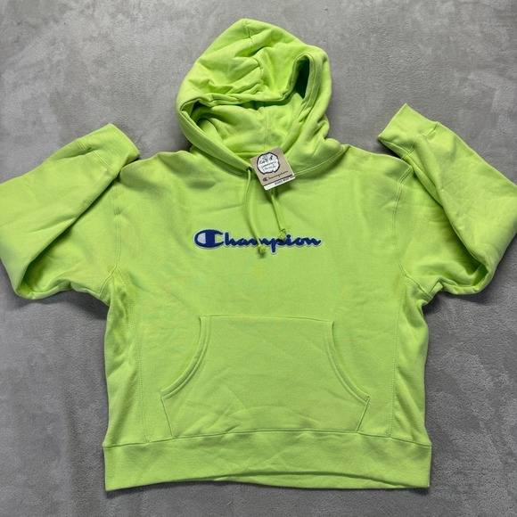 Champion Hoodie Women's XL Green Reverse Weave Crop Sweatshirt Pullover Spellout - Picture 2 of 13